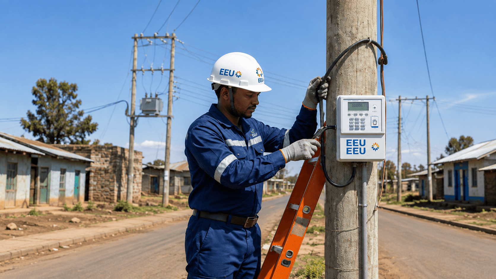 An EEU technician installing a prepaid meter on a distribution pole.